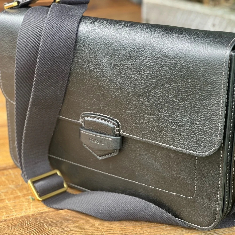 Fossil Lennox Black Leather Messenger Laptop Bag NWT